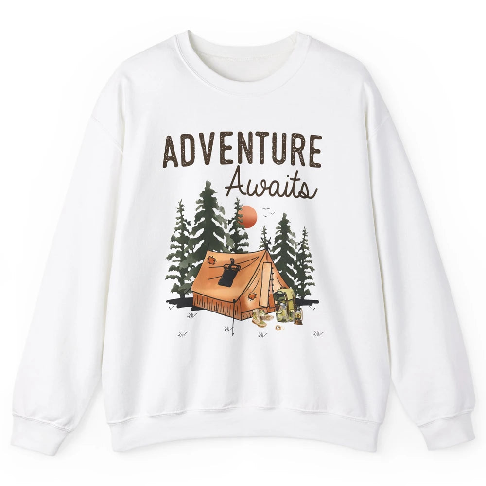 Retro Camping Tent Mountain Sunset Adventure Awaits Campers Unisex Crewneck Sweatshirt