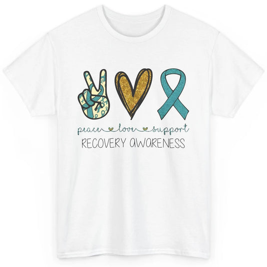 Peace Love Support Addiction Recovery Awareness Blue Ribbon Classic Unisex T-Shirt