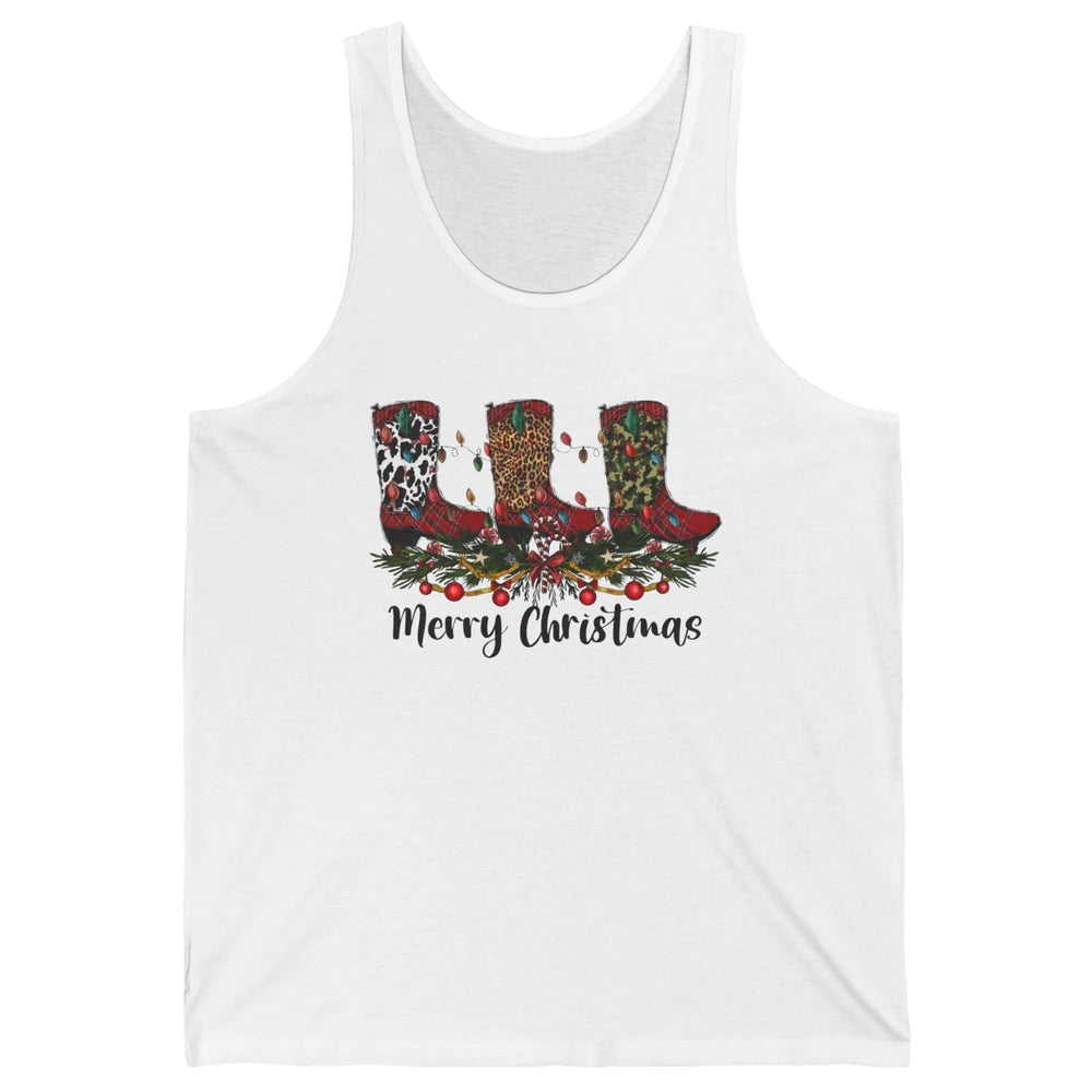 Christmas Cowboy Boots Santa Boots Leopard Western Christmas Unisex Jersey Tank