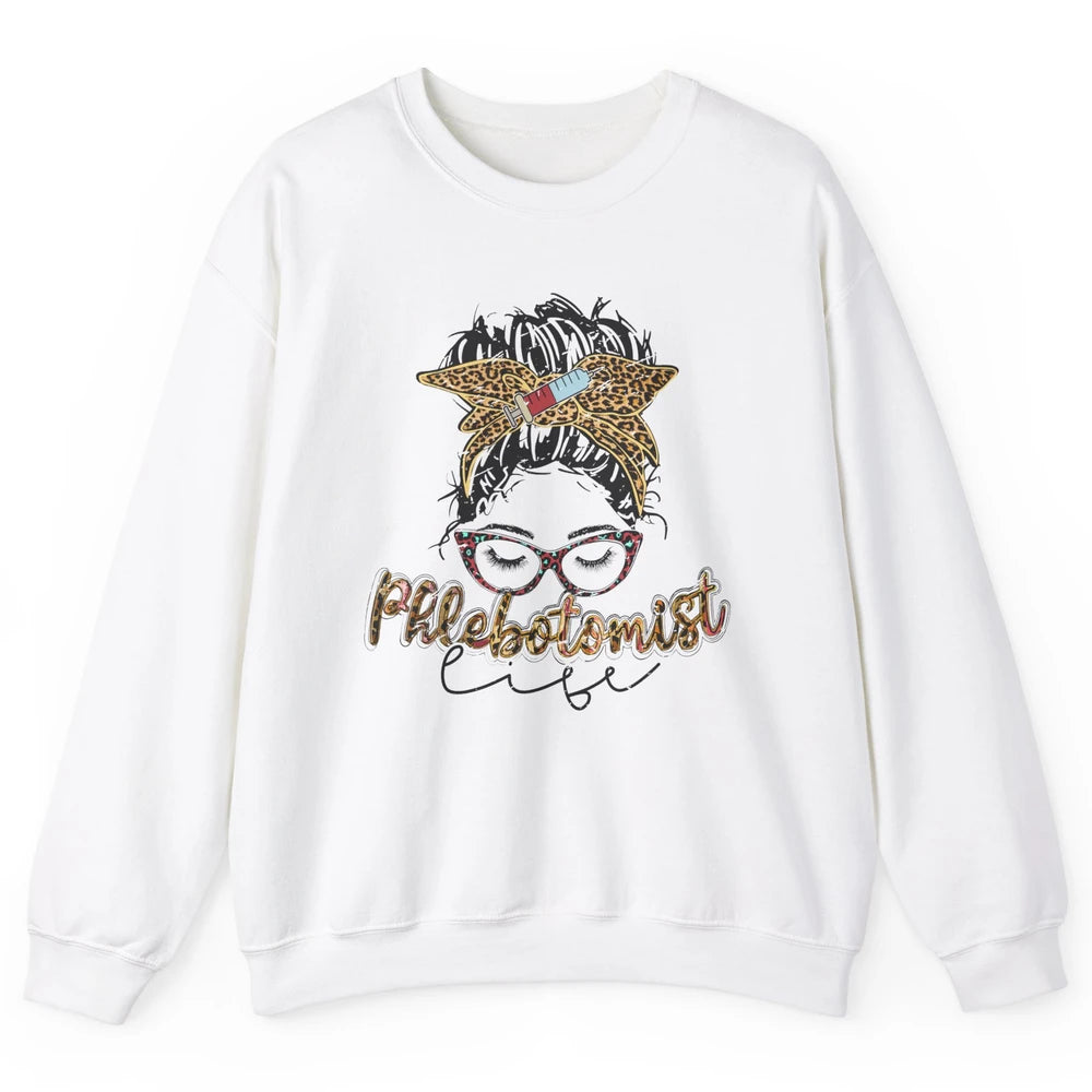 Retro Leopard Phlebotomist Life Messy Bun Mom Phlebotomy Unisex Crewneck Sweatshirt