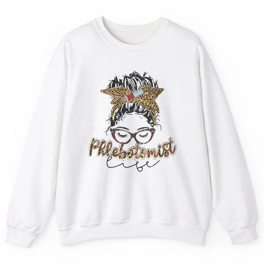 Retro Leopard Phlebotomist Life Messy Bun Mom Phlebotomy Unisex Crewneck Sweatshirt