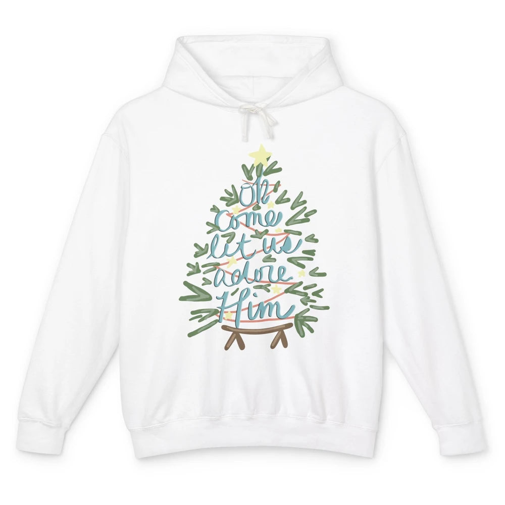 Retro Christmas Tree Oh Come Let Us Adore Him Groovy Xmas Unisex Lightweight Hoodie