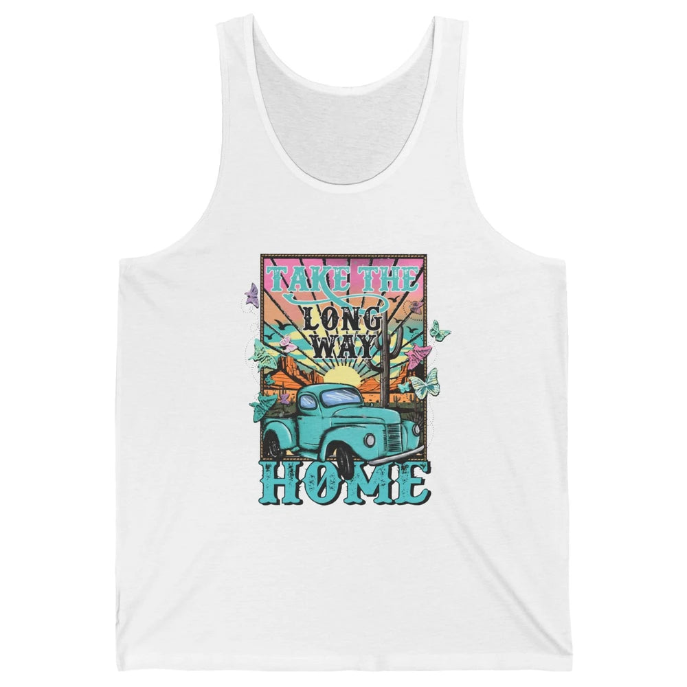 Retro Mountain Sunset Take The Long Way Home Western Country Unisex Jersey Tank