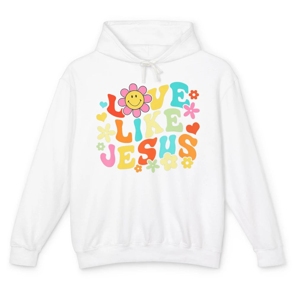 Retro Groovy Love Like Jesus Smiling Face Daisy Boho God Unisex Lightweight Hoodie
