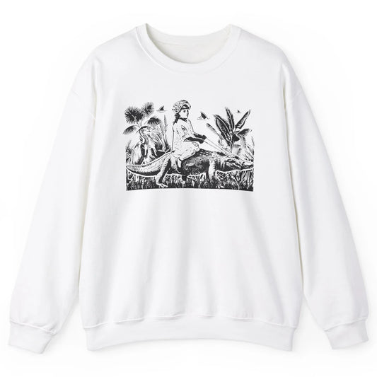 Retro Florida Tropical Land Girl Riding Alligator Summer Unisex Crewneck Sweatshirt