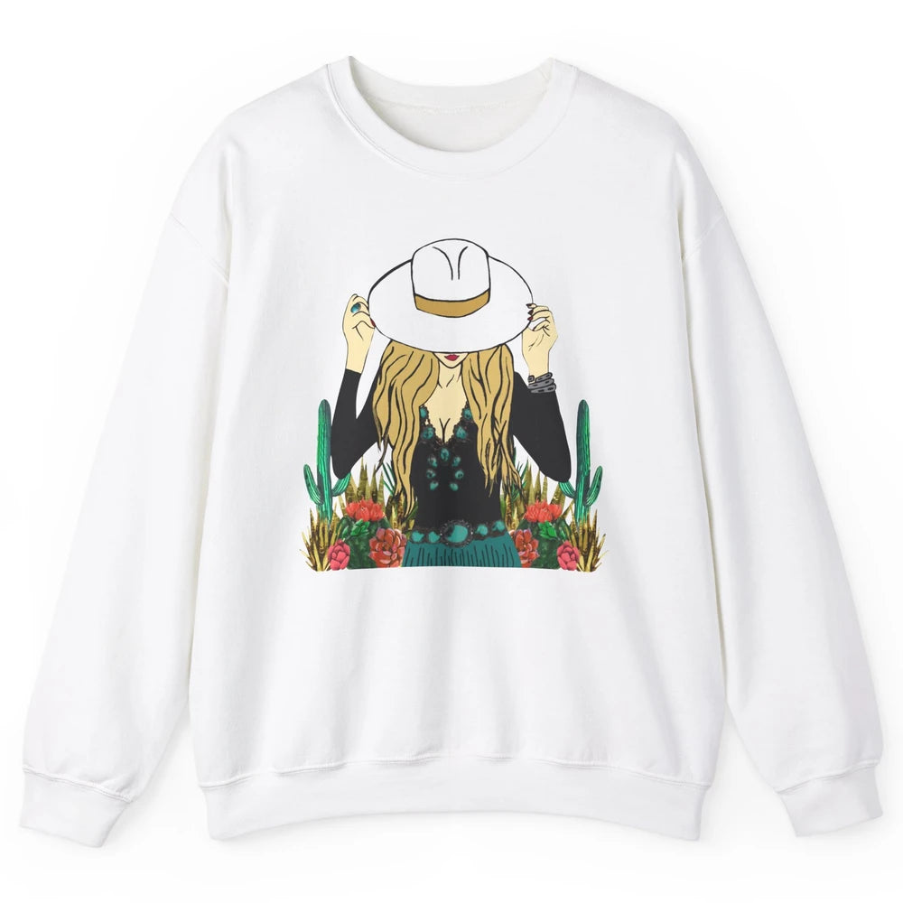 Retro Blonde Cowgirl Punchy Cowhide Turquoise Western Cowboy Unisex Crewneck Sweatshirt