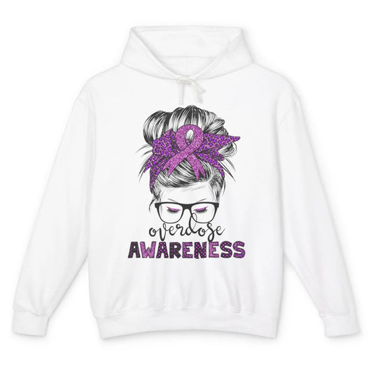 Overdose Awareness Messy Hair Bun Purple Leopard Warrior Unisex Lightweight Hoodie