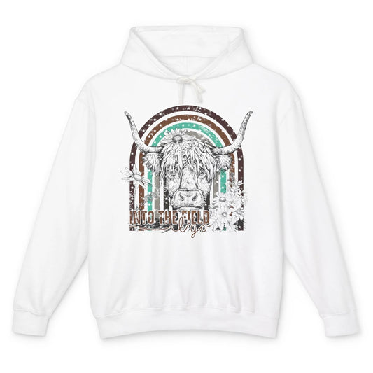 Retro Highland Cow Western Rainbow Into The Field I Go Unisex Lightweight Hoodie