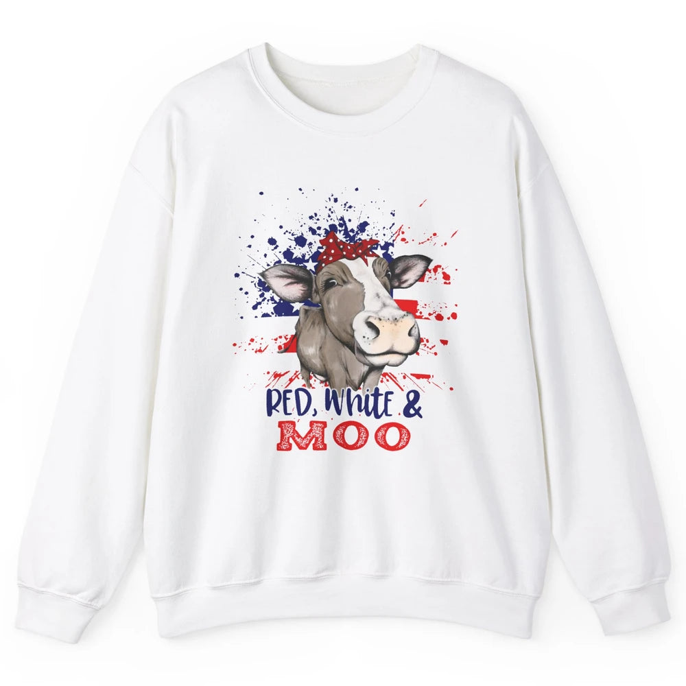 Red White Moo Cow America Flag 4th of July Patriotic Unisex Crewneck Sweatshirt