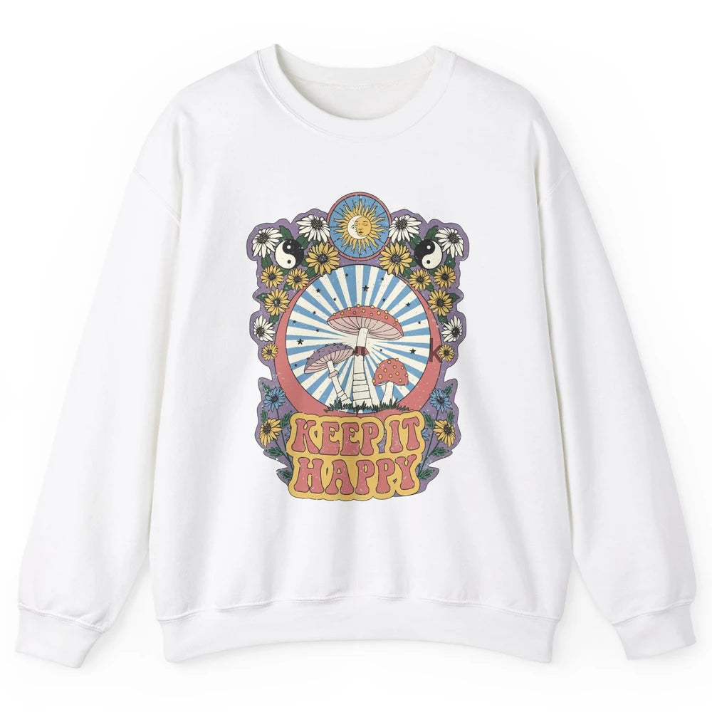 Retro Groovy Keep It Happy Mushroom Daisy Sun Positive Mind Unisex Crewneck Sweatshirt