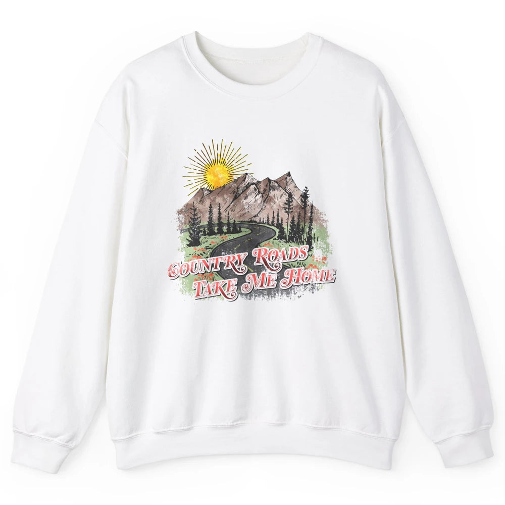 Retro Mountain Sunset Country Roads Take Me Home Western Unisex Crewneck Sweatshirt
