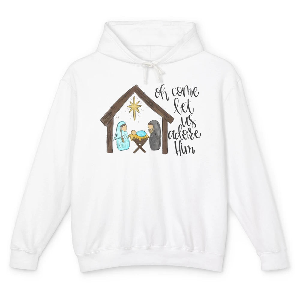 Retro Christmas Church Oh Come Let Us Adore Him Hand Drawing Unisex Lightweight Hoodie