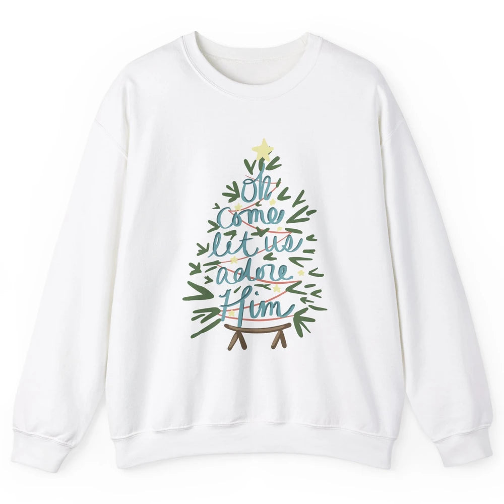 Oh Come Let Us Adore Him Groovy Christmas Tree Church Xmas Unisex Crewneck Sweatshirt