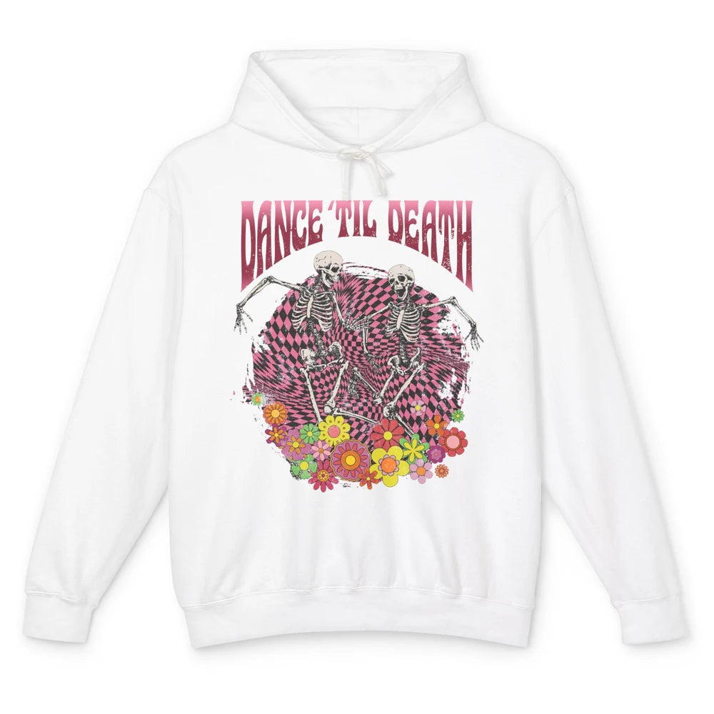 Retro Dancing Skeletons Dance Til Death Groovy Daisy Floral Unisex Lightweight Hoodie