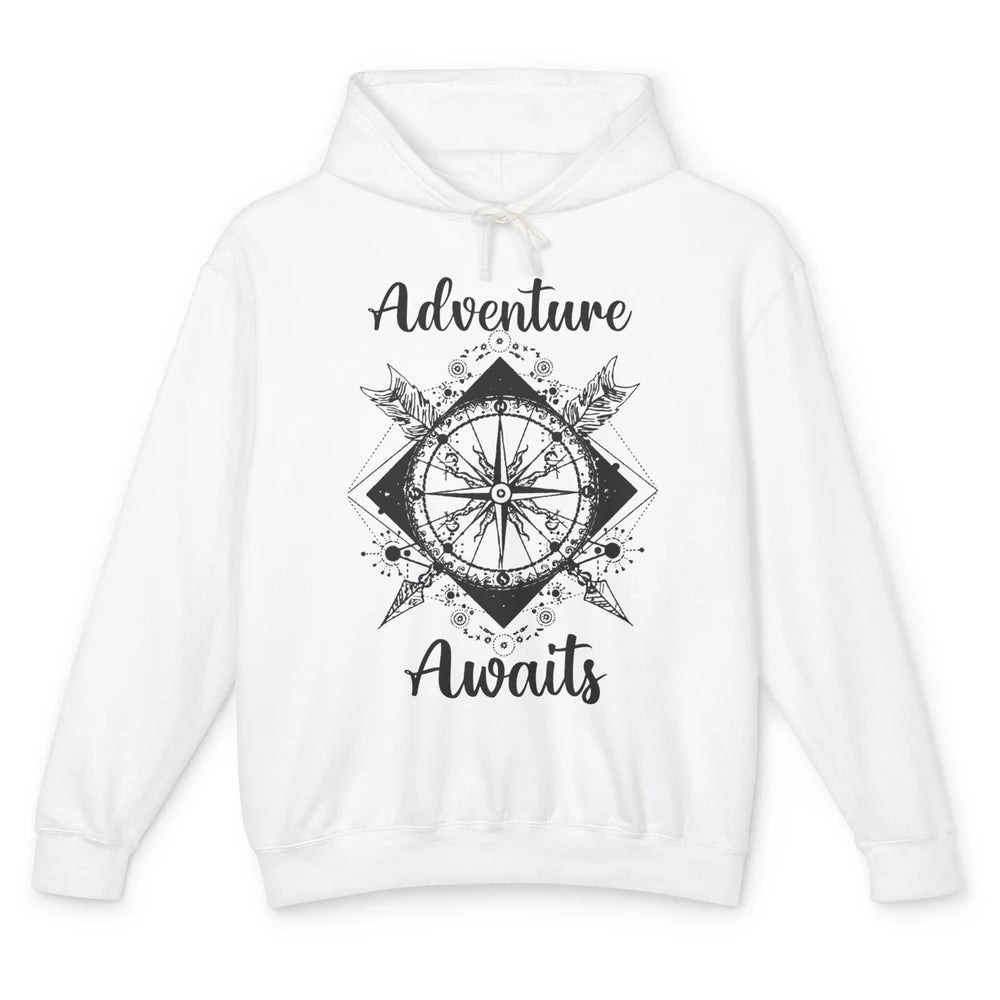 Retro Compass Mountain Adventure Awaits Camping Hiking Lover Unisex Lightweight Hoodie