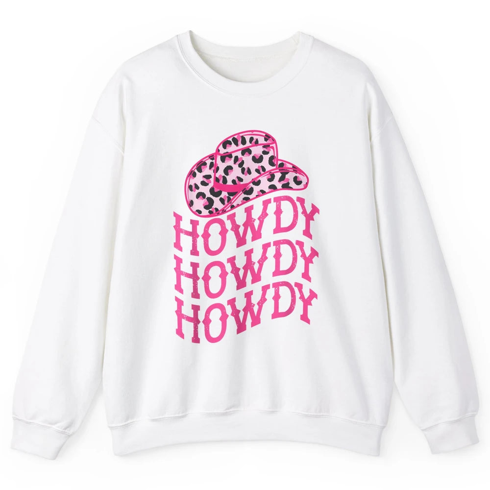 Retro Pink Leopard Cowboy Hat Howdy Western Texas Cowgirl Unisex Crewneck Sweatshirt