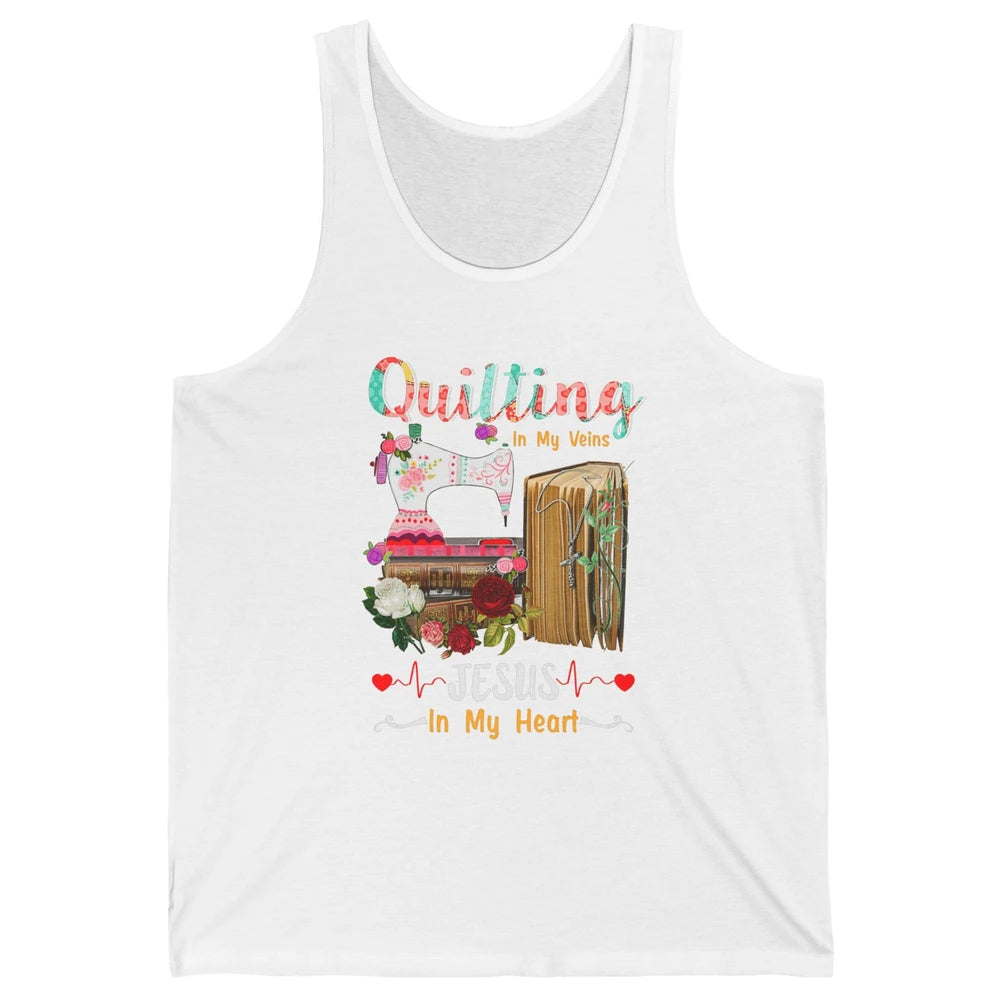 Quilting In My Veins Jesus In Heart Christian Retro Quilt Unisex Jersey Tank