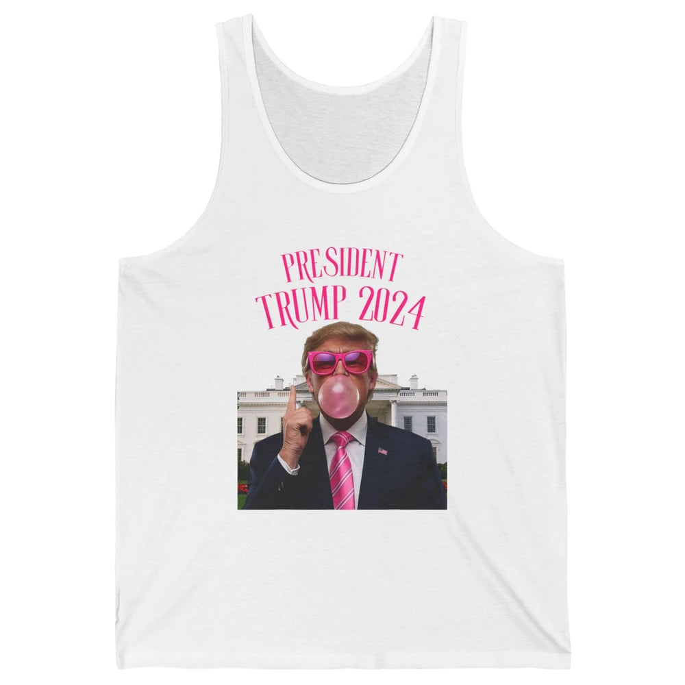 President Trump 2024 Blowing Bubble Gum Funny Trump Won Sarcastic Chewing Gum Pink Sunglasses Political Unisex Jersey Tank