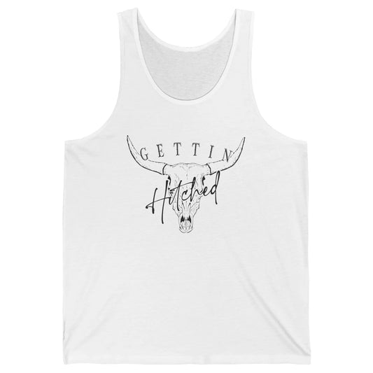 Getting Hitched Rowdy Cow Skull Western Bachelorette Bride Unisex Jersey Tank