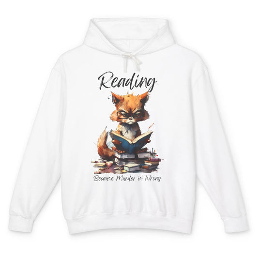Retro Funny Cat Reading Because Murder Is Wrong Booknerd Unisex Lightweight Hoodie