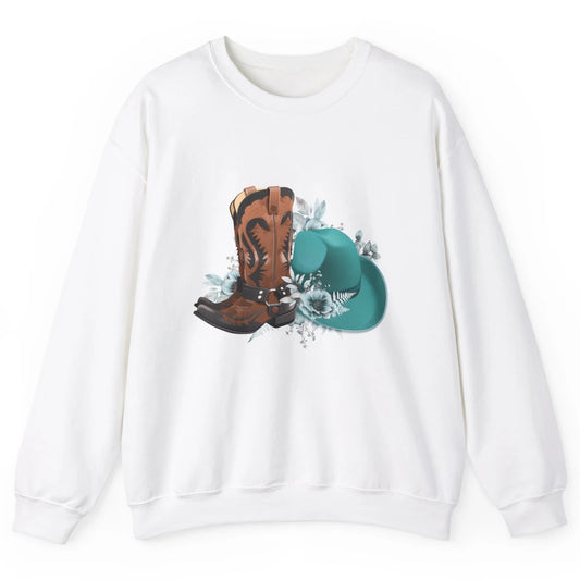 Retro Cowgirl Floral Turquoise Cowboy Boots Rodeo Western Unisex Crewneck Sweatshirt