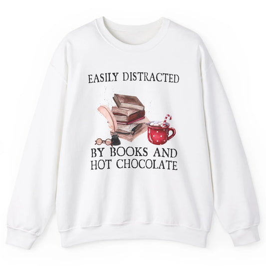 Retro Easily Distracted By Books And Hot Chocolate Christmas Unisex Crewneck Sweatshirt