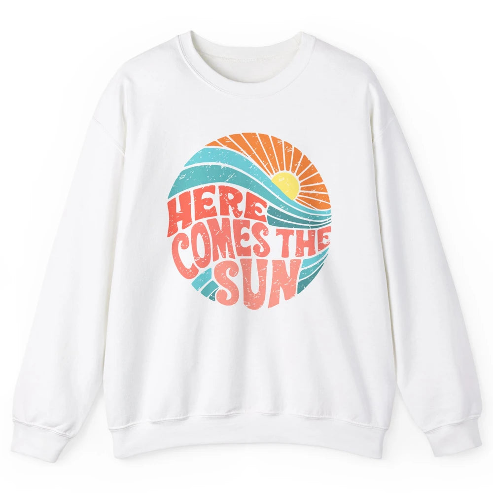 Retro Rainbow Sunrise Here Comes The Sun Hippie Girl Unisex Crewneck Sweatshirt