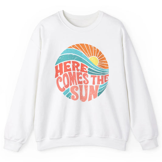 Retro Rainbow Sunrise Here Comes The Sun Hippie Girl Unisex Crewneck Sweatshirt