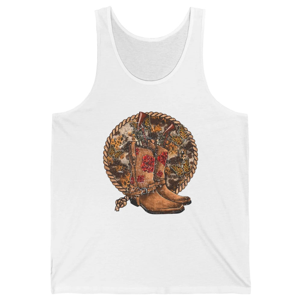Retro Leopard Cowgirl Boots Sunflower Rodeo Western Country Unisex Jersey Tank