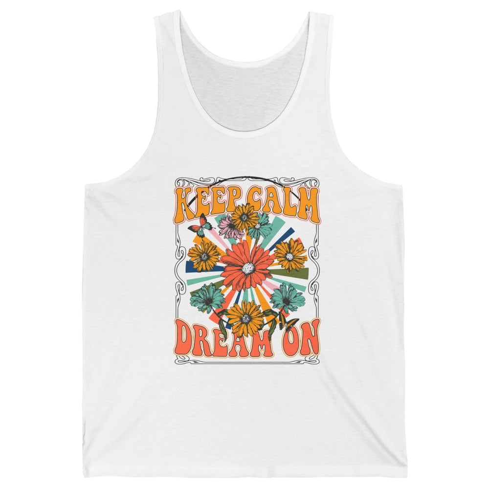 Retro Floral Rainbow Keep Calm Dream On Peace Hippie Girl Unisex Jersey Tank