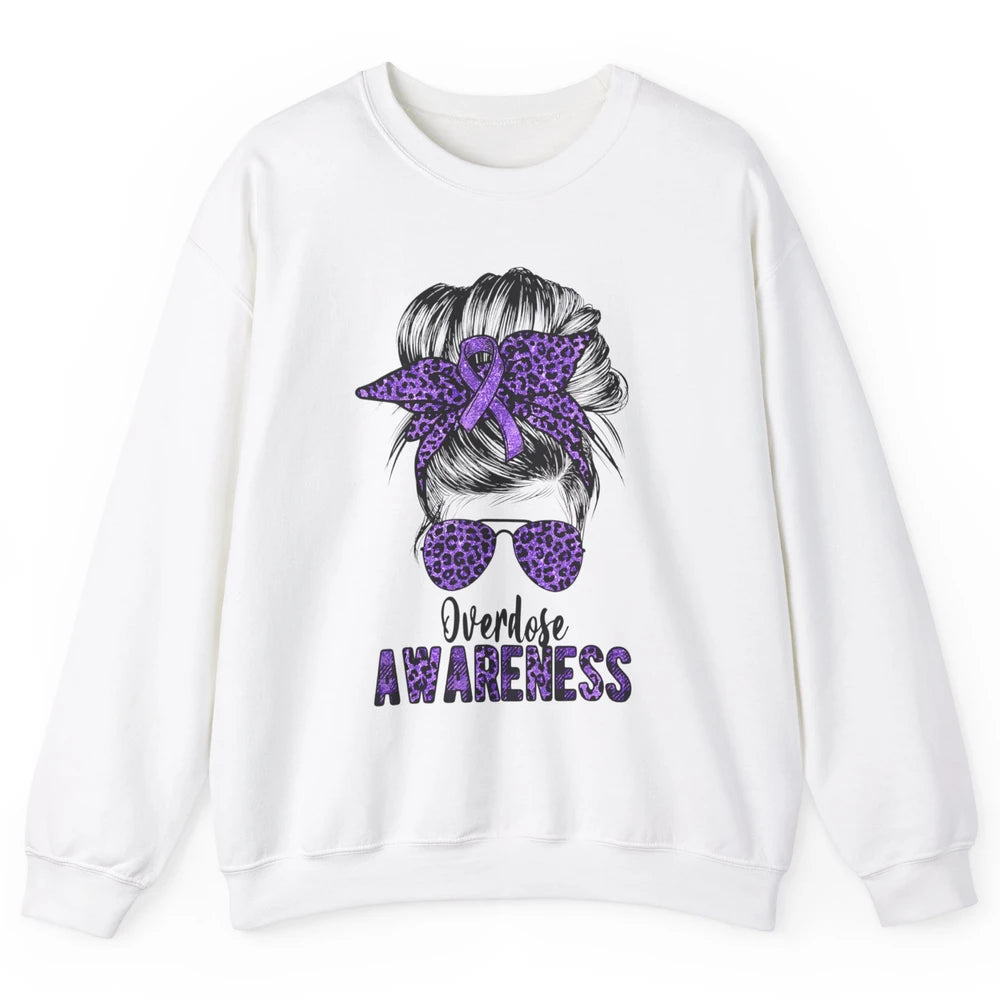 Overdose Awareness Messy Hair Bun Purple Leopard Warrior Unisex Crewneck Sweatshirt