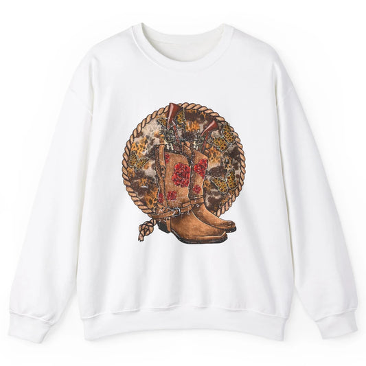 Retro Leopard Cowgirl Boots Sunflower Rodeo Western Country Unisex Crewneck Sweatshirt