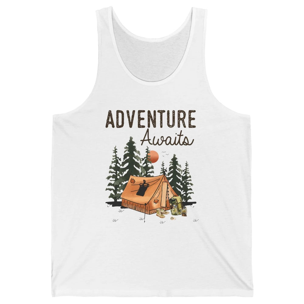 Retro Camping Tent Mountain Sunset Adventure Awaits Campers Unisex Jersey Tank