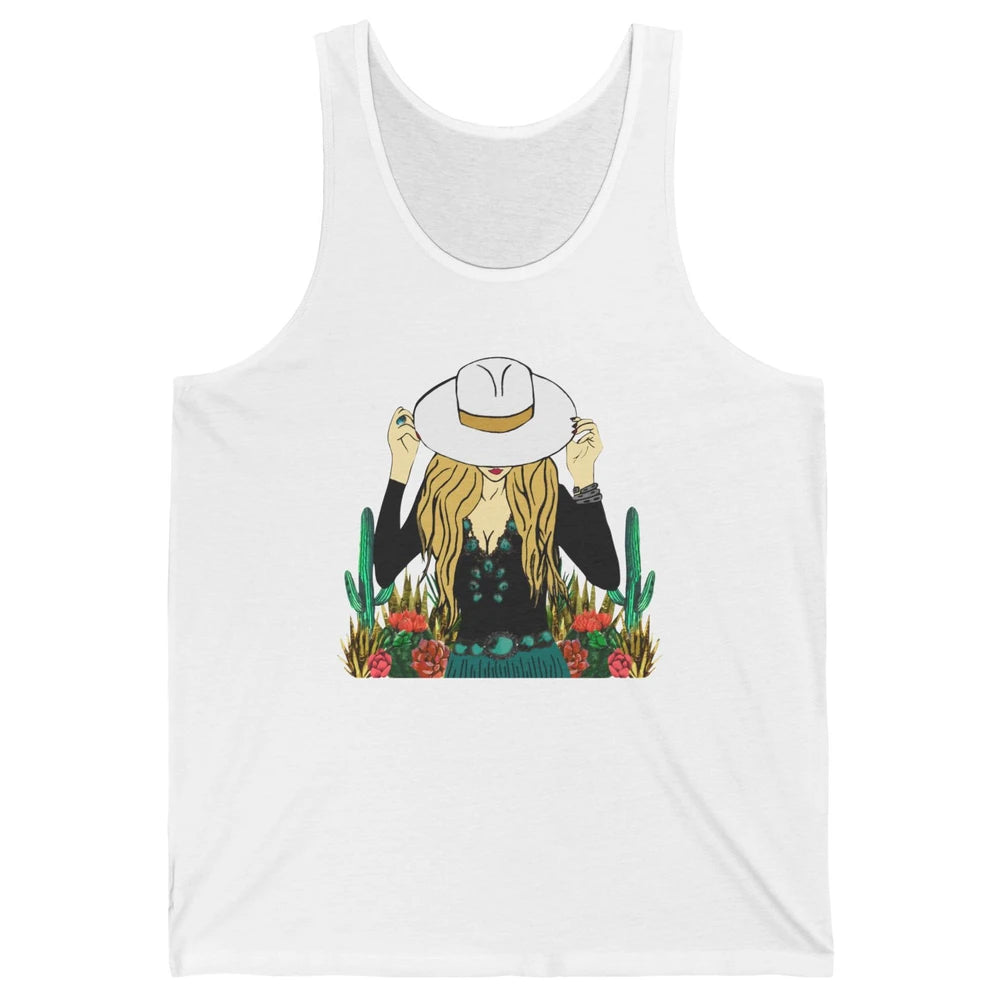 Retro Blonde Cowgirl Punchy Cowhide Turquoise Western Cowboy Unisex Jersey Tank