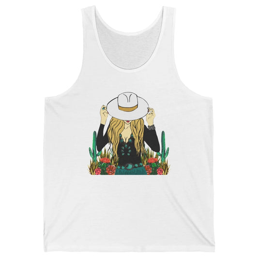 Retro Blonde Cowgirl Punchy Cowhide Turquoise Western Cowboy Unisex Jersey Tank