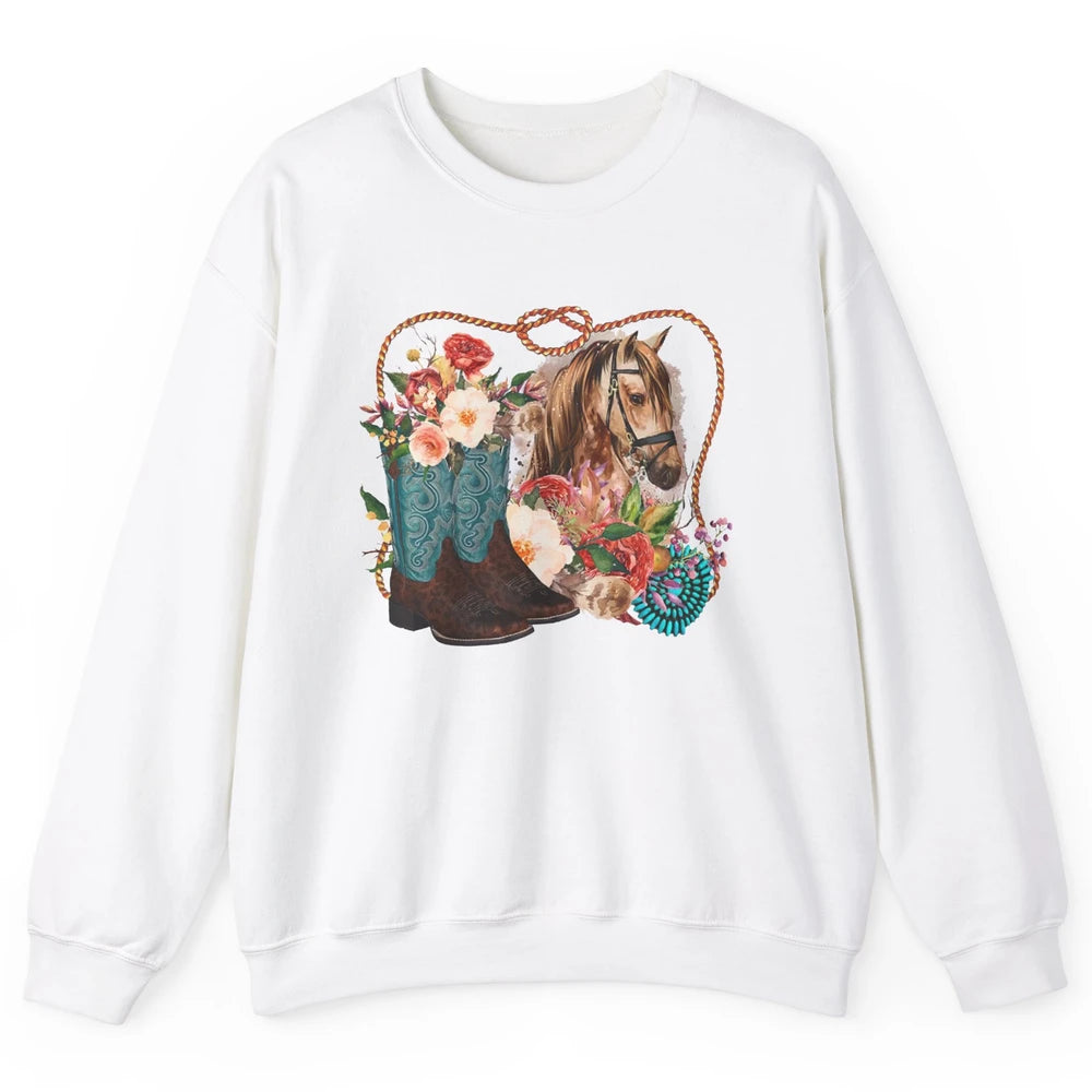 Retro Floral Cowboy Boots And Horse Western Country Cowgirl Unisex Crewneck Sweatshirt