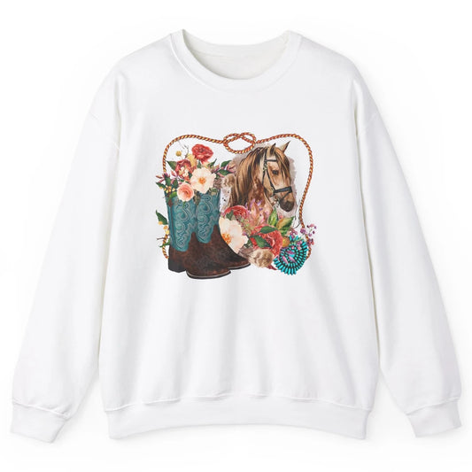 Retro Floral Cowboy Boots And Horse Western Country Cowgirl Unisex Crewneck Sweatshirt