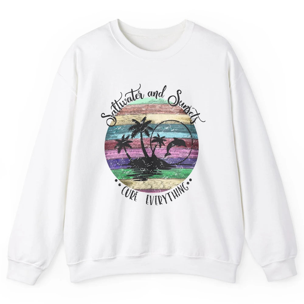 Retro Beach Sunset Saltwater and Sunsets Cure Everything Unisex Crewneck Sweatshirt