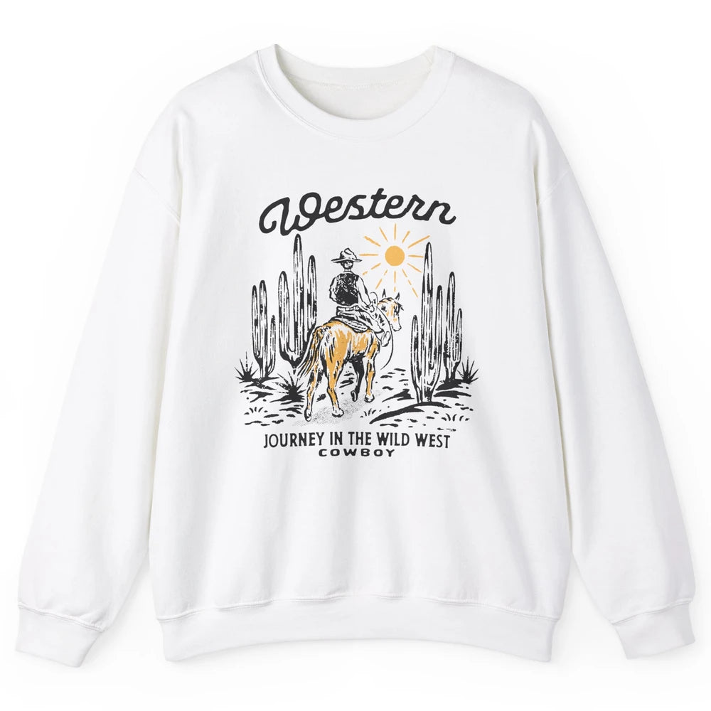 Retro Cowboy Riding Desert Sunset Western Journey Wild West Unisex Crewneck Sweatshirt