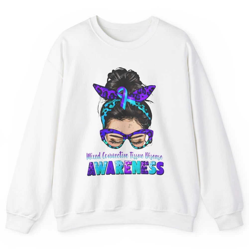 Mixed Connective Tissue Disease Ribbon Leopard Messy Bun Mom Unisex Crewneck Sweatshirt