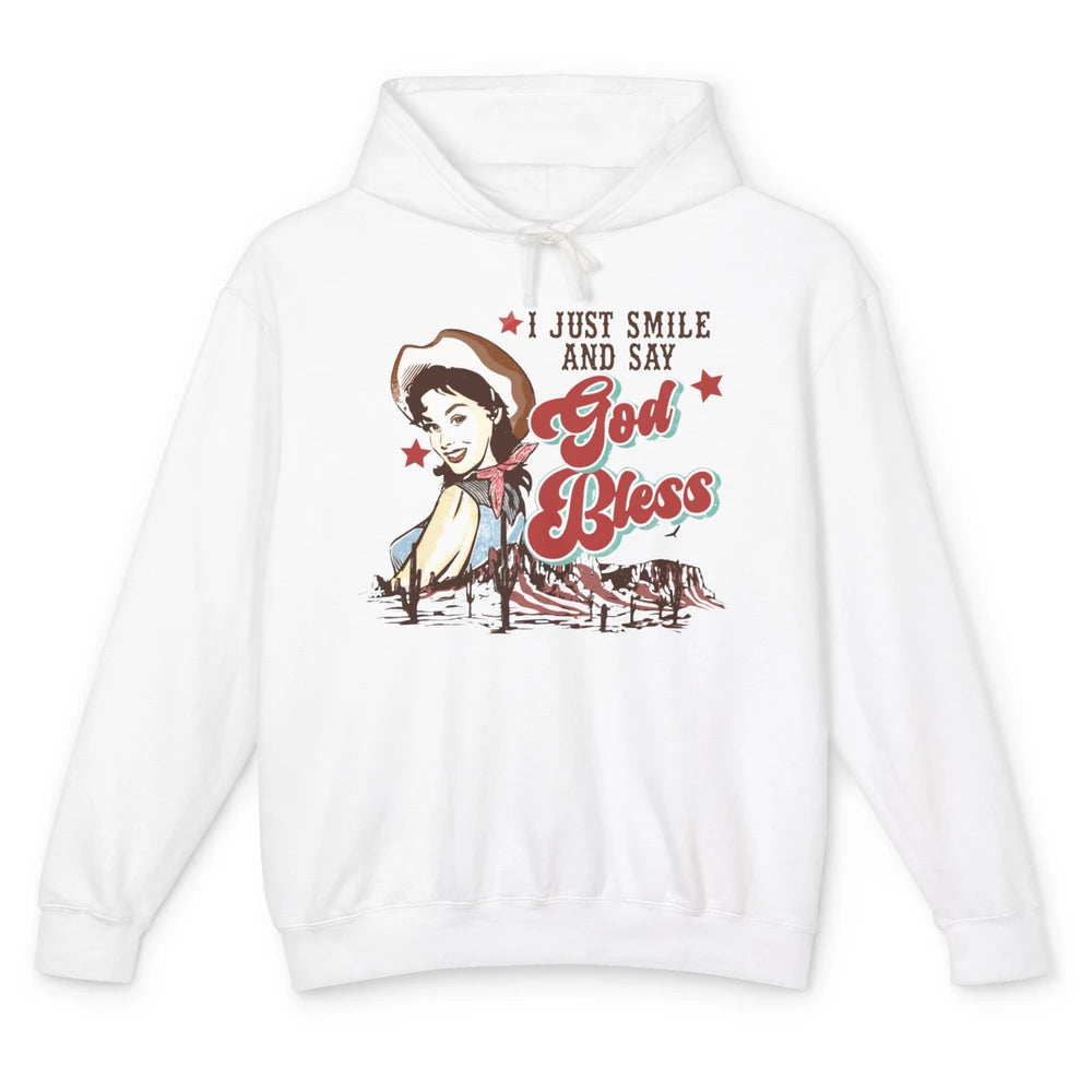 Retro Cowgirl Just Smile And Say God Bless Western Desert Unisex Lightweight Hoodie
