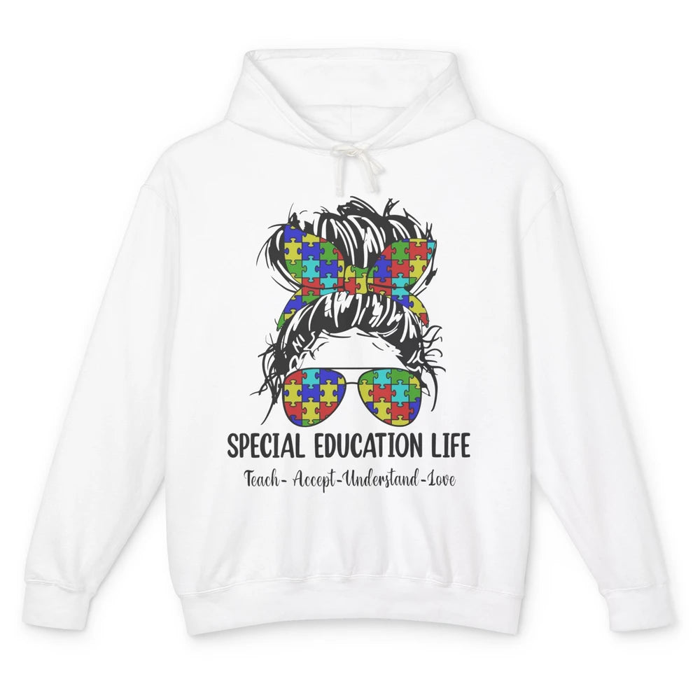 Special Education Teacher Messy Bun Autism Teach Accept Love Unisex Lightweight Hoodie