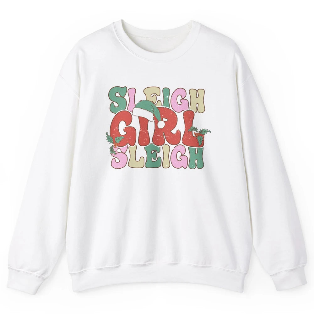 Retro Groovy Christmas Sleigh Girl Sleigh Santa Hat Winter Unisex Crewneck Sweatshirt