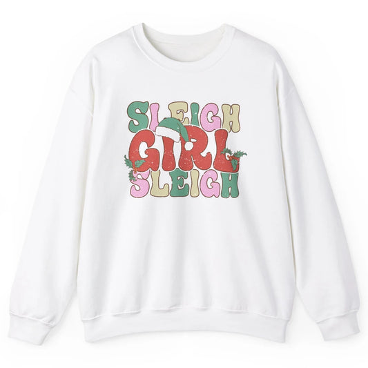 Retro Groovy Christmas Sleigh Girl Sleigh Santa Hat Winter Unisex Crewneck Sweatshirt
