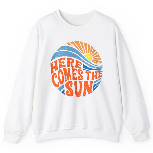 Retro Rainbow Sunrise Here Comes The Sun Hippie Girl Unisex Crewneck Sweatshirt