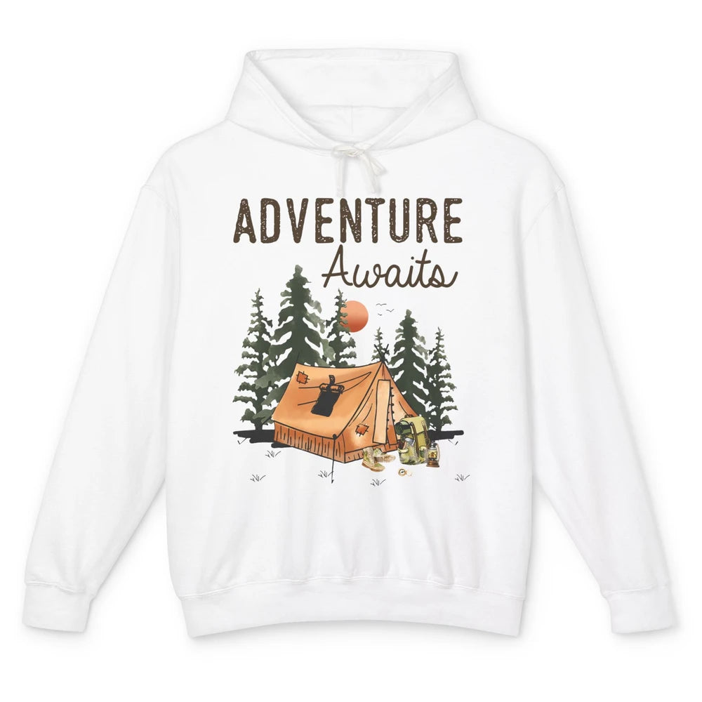 Retro Camping Tent Mountain Sunset Adventure Awaits Campers Unisex Lightweight Hoodie