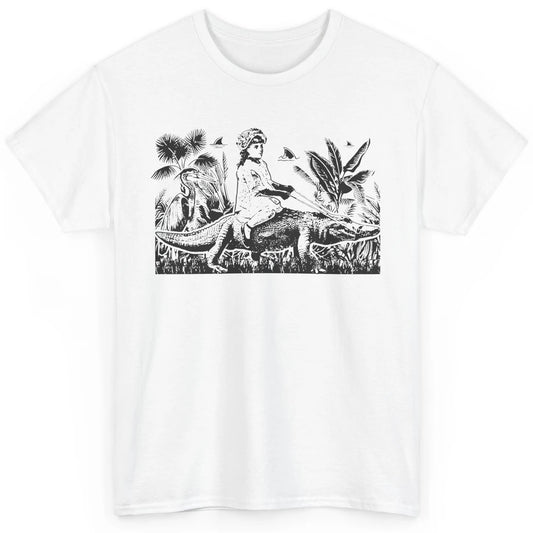 Retro Florida Tropical Land Girl Riding Alligator Summer Classic Unisex T-Shirt