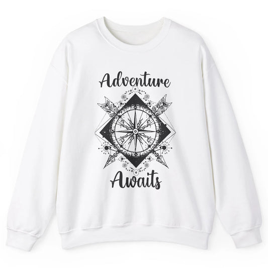 Retro Compass Mountain Adventure Awaits Camping Hiking Lover Unisex Crewneck Sweatshirt