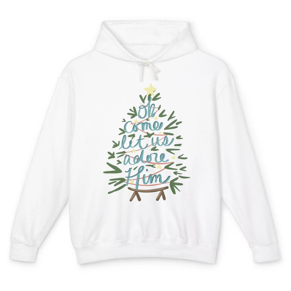 Oh Come Let Us Adore Him Groovy Christmas Tree Church Xmas Unisex Lightweight Hoodie