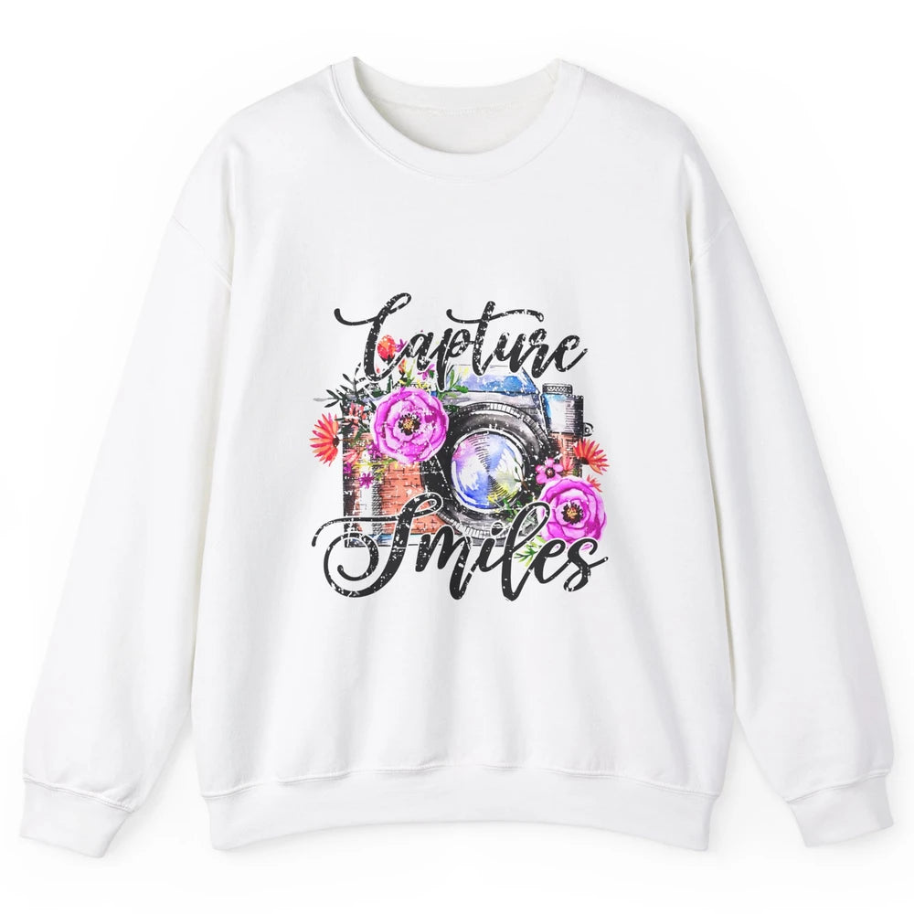Photography Day Capture Smiles Retro Floral Camera Traveller Unisex Crewneck Sweatshirt
